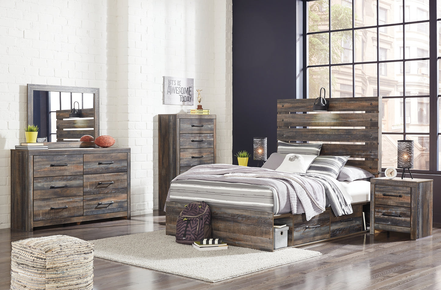 Drystan Panel Bed With 2 Storage Drawers With Mirrored Dresser And 2 Nightstands