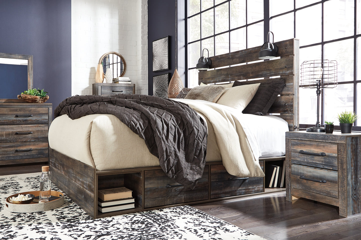 Drystan Panel Bed With 2 Storage Drawers With Mirrored Dresser And 2 Nightstands