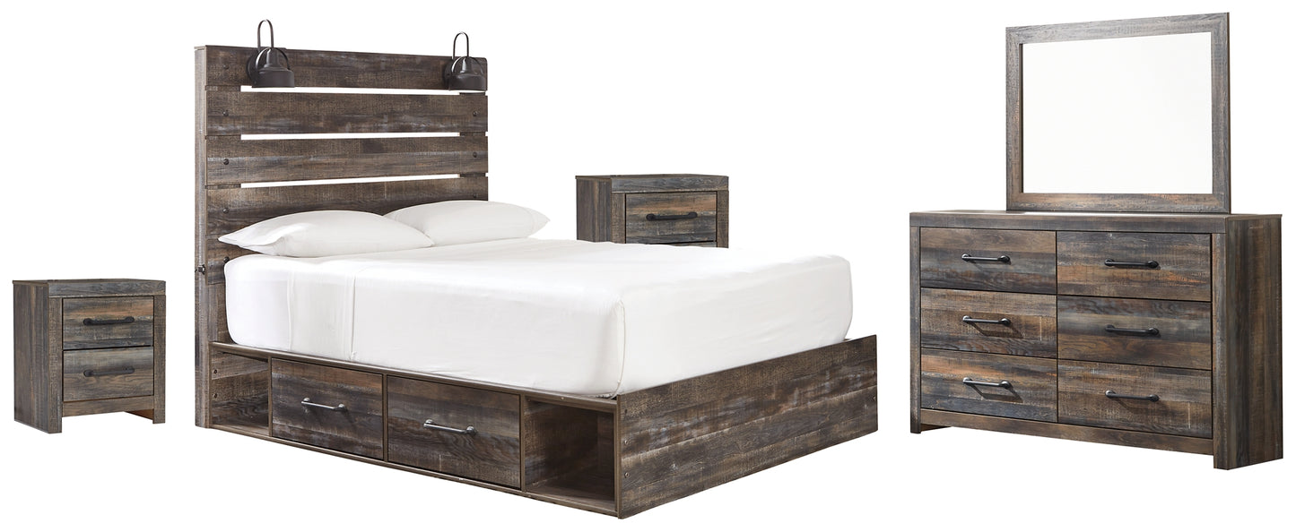 Drystan Panel Bed With 2 Storage Drawers With Mirrored Dresser And 2 Nightstands