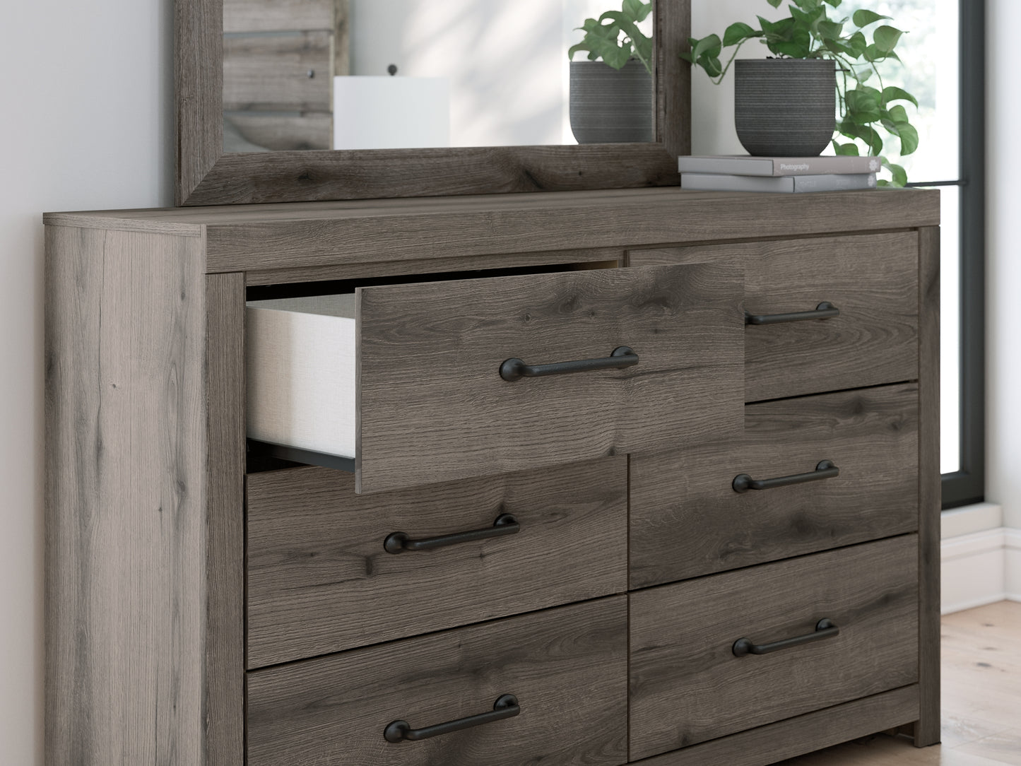 Graystorm Full Panel Bed with Mirrored Dresser and Nightstand