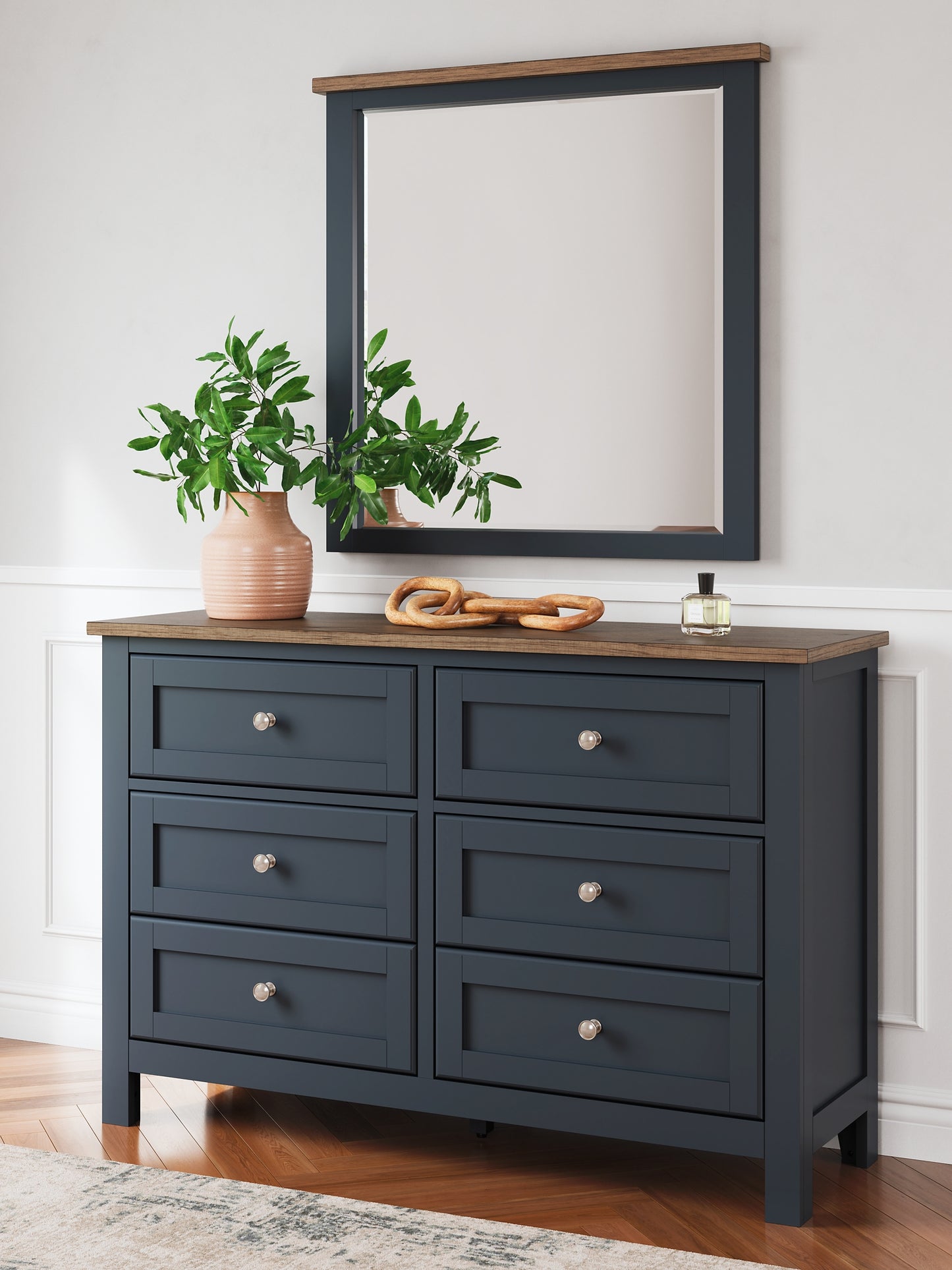 Landocken Twin Panel Headboard with Mirrored Dresser, Chest and Nightstand