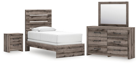 Graystorm Twin Panel Bed with Mirrored Dresser and Nightstand