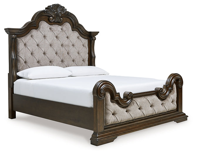 Maylee King Upholstered Bed with Mirrored Dresser, Chest and Nightstand