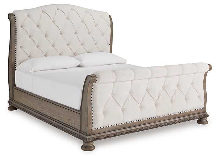 Ardenfield King Upholstered Sleigh Bed with Mirrored Dresser