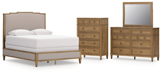 Sharlance Queen Upholstered Panel Bed with Mirrored Dresser and Chest