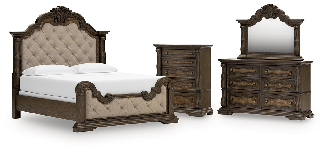 Maylee California King Upholstered Bed with Mirrored Dresser and Chest
