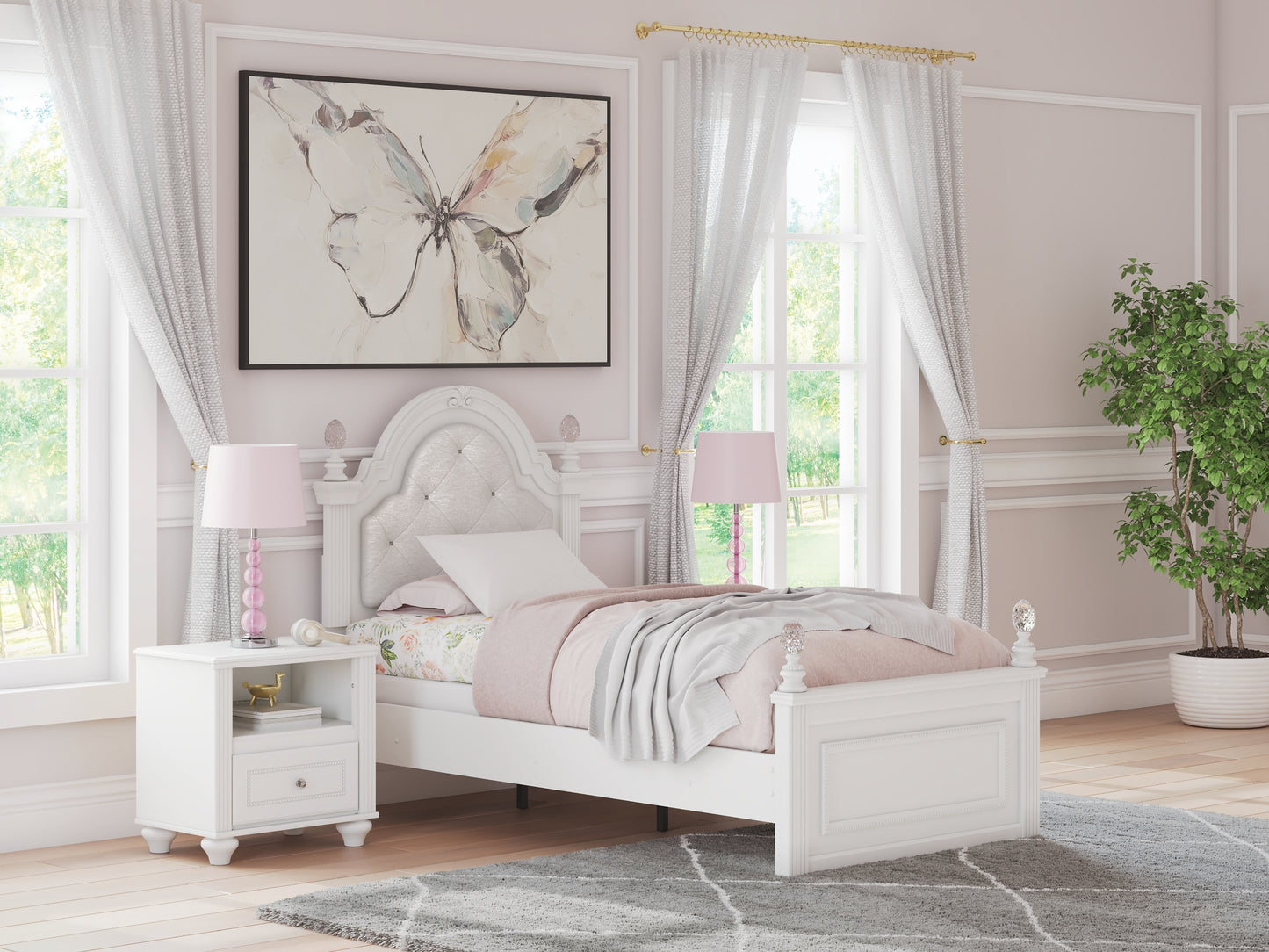 Kozlani Twin Upholstered Panel Bed, Dresser, Mirror and Nightstand