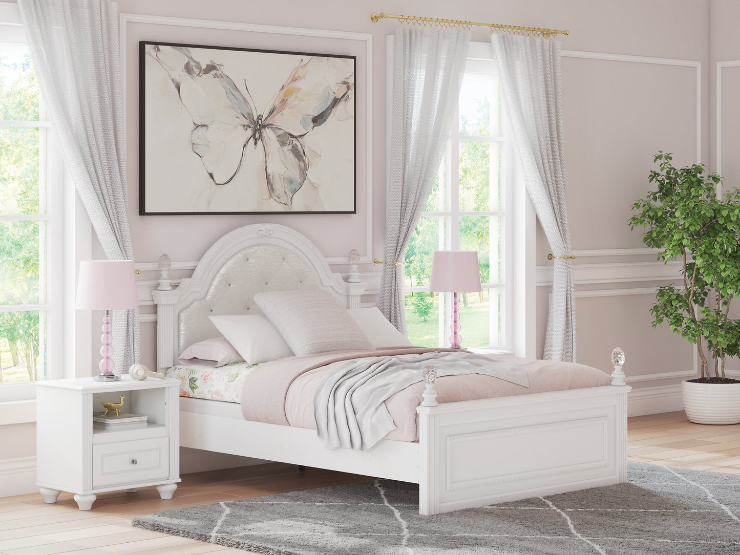 Kozlani Full Upholstered Panel Bed, Dresser, Mirror and Nightstand
