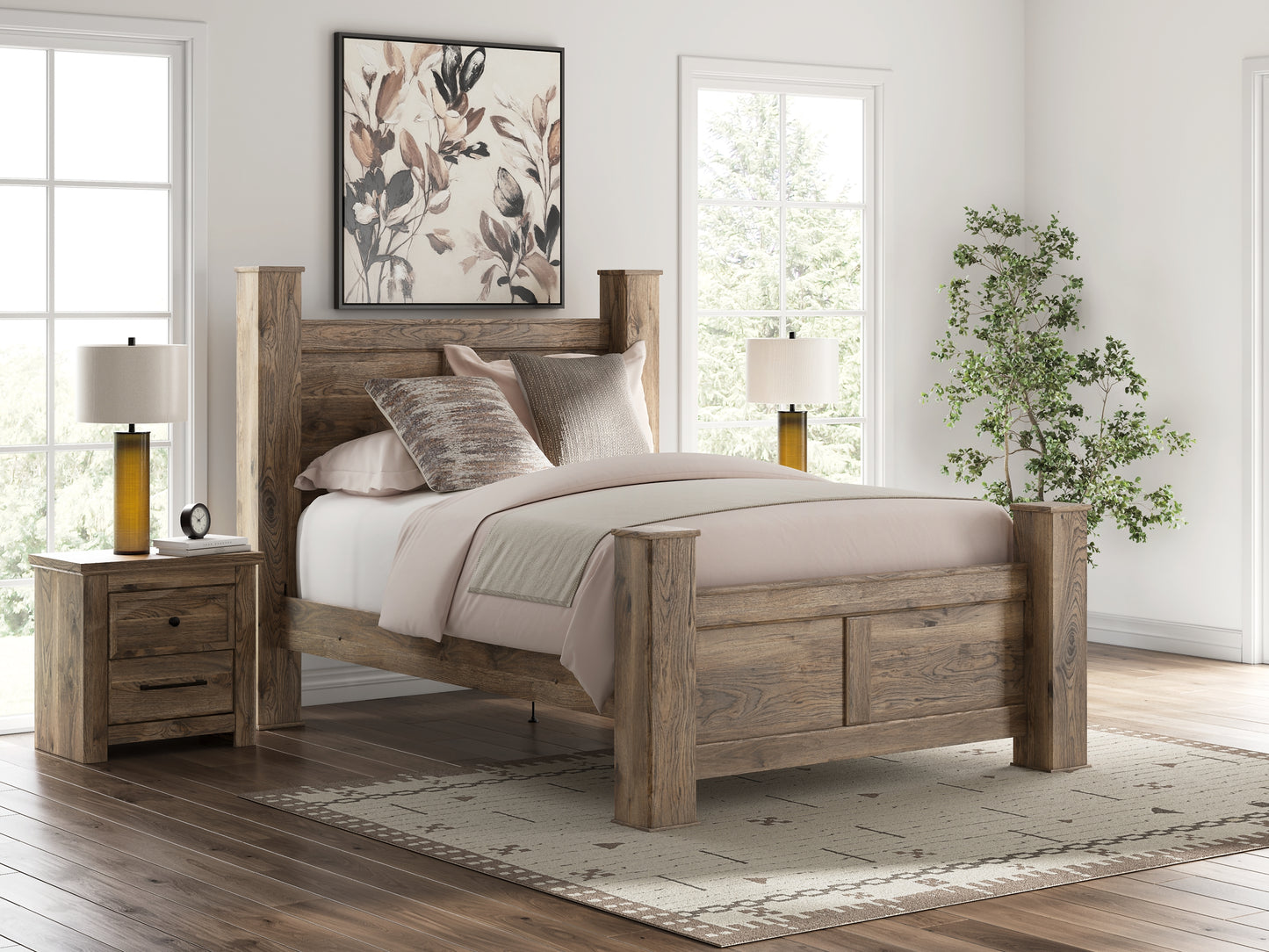 Rusticott Queen Poster Bed with Mirrored Dresser and Nightstand