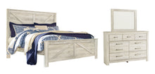 Load image into Gallery viewer, Bellaby Queen Crossbuck Panel Bed with Mirrored Dresser
