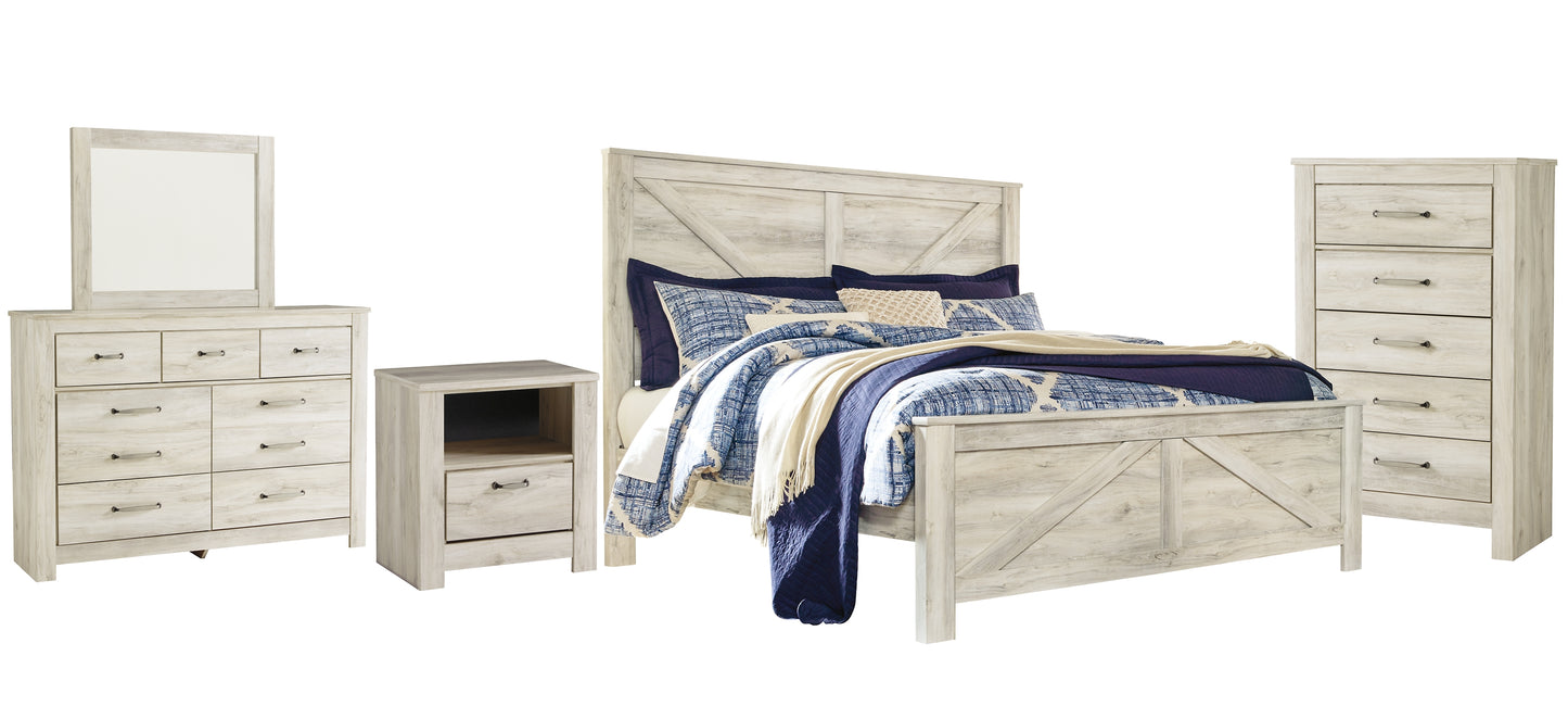 Bellaby Queen Crossbuck Panel Bed with Mirrored Dresser, Chest and Nightstand