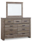 Zelen King Panel Bed with Mirrored Dresser, Chest and 2 Nightstands