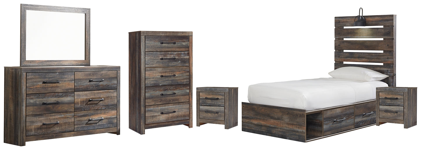Drystan Twin Panel Bed with 4 Storage Drawers with Mirrored Dresser, Chest and 2 Nightstands