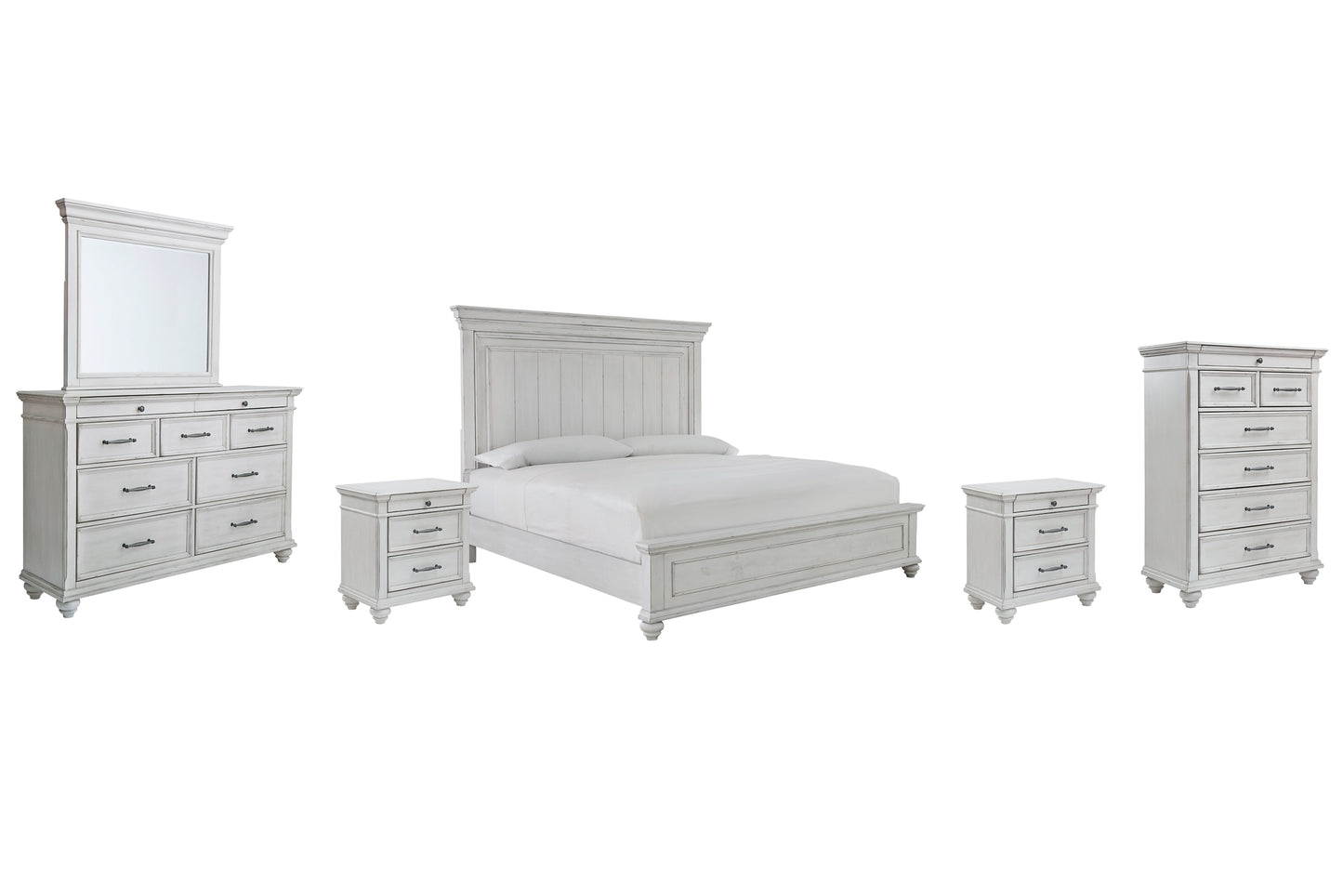 Kanwyn King Panel Bed with Mirrored Dresser, Chest and 2 Nightstands