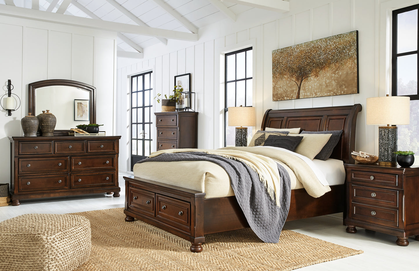 Porter  Sleigh Bed With Mirrored Dresser, Chest And 2 Nightstands